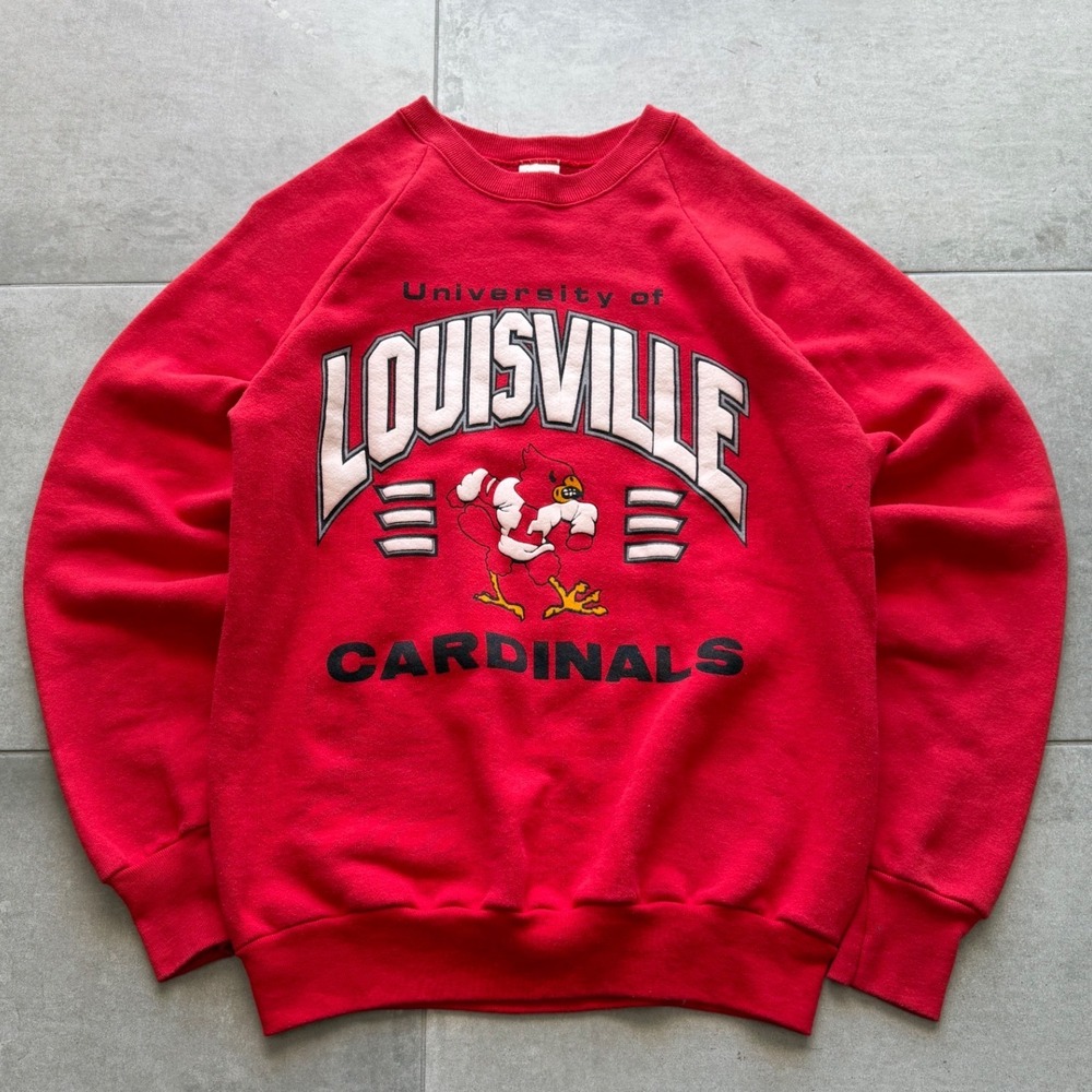 Vintage Puff Print Spell out University of Louisville Cardinals Sweatshirt Red L